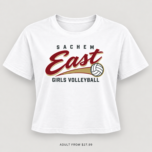 Sachem East Girls Volleyball Rally Script Women's Crop Tee in White, front view showing the red-and-gold center-front print