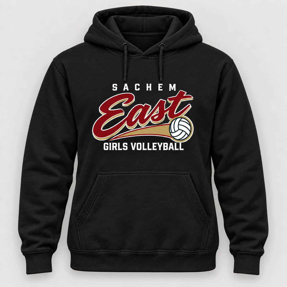 Sachem East Girls Volleyball Rally Script Pullover Hoodie in Black, front view showing the center-front volleyball print