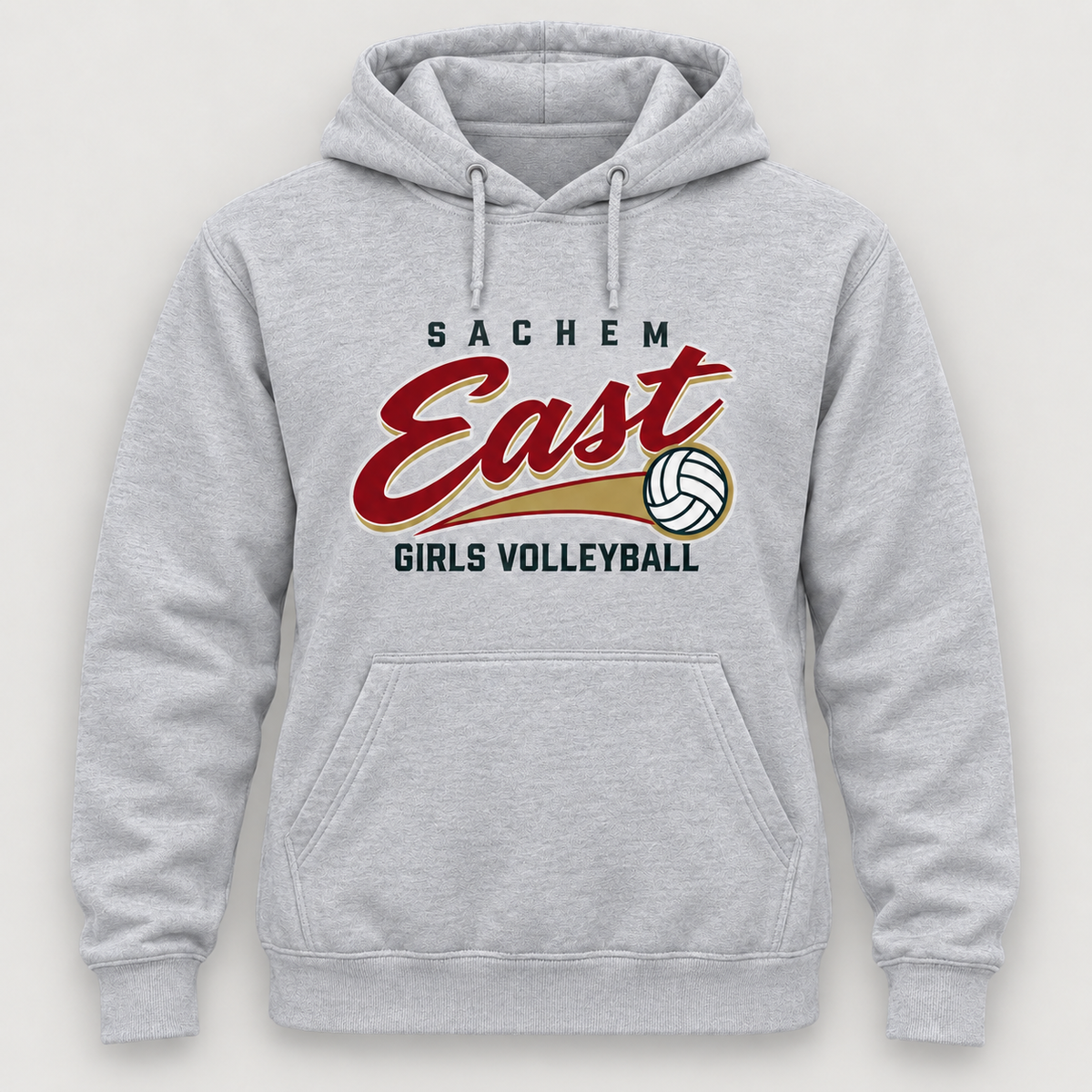 Sachem East Girls Volleyball Rally Script Pullover Hoodie in Heather Gray, front view showing the center-front volleyball print
