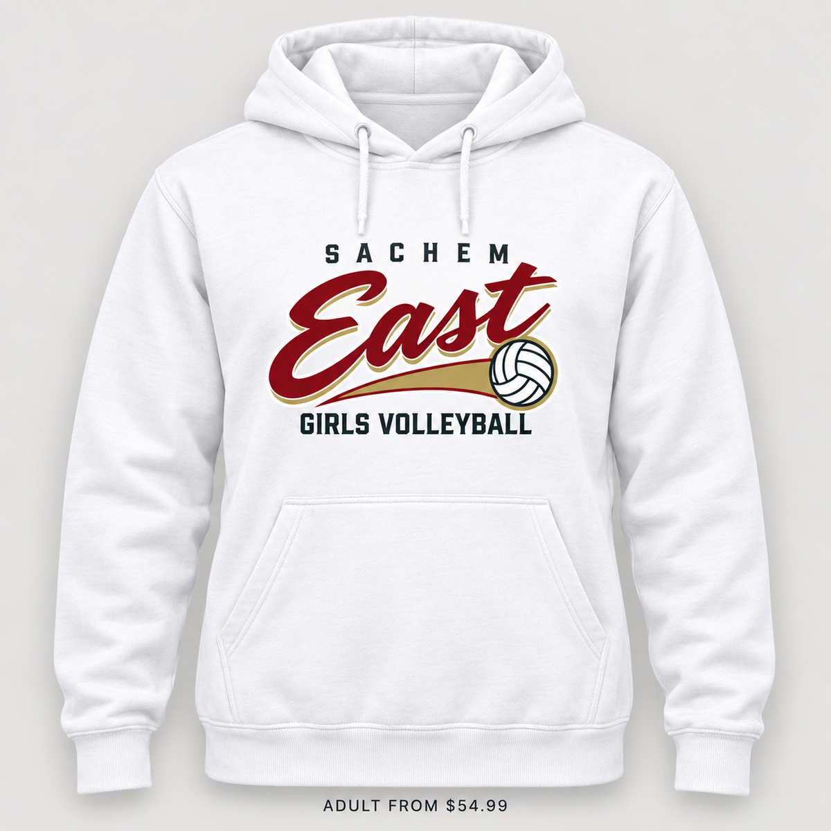 Sachem East Girls Volleyball Rally Script Pullover Hoodie in White, front view showing the red-and-gold center-front print
