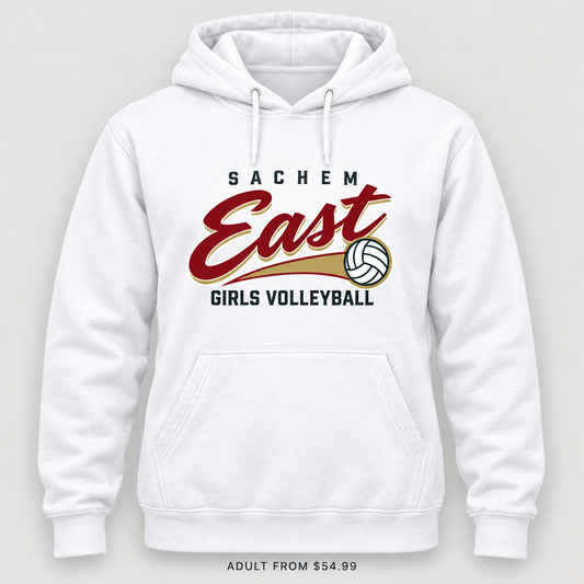 Sachem East Girls Volleyball Rally Script Pullover Hoodie in White, front view showing the red-and-gold center-front print