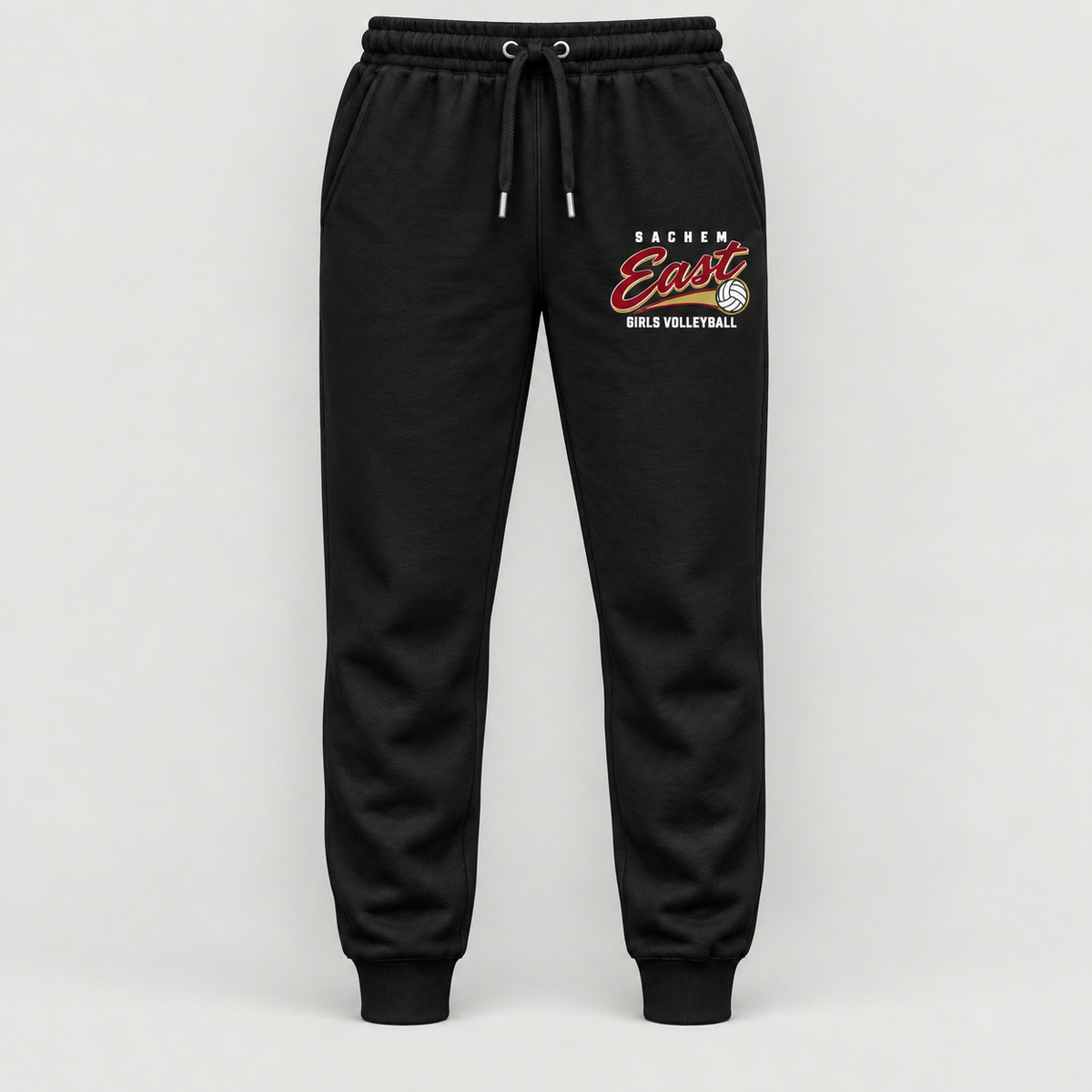 Sachem East Girls Volleyball Rally Script Joggers in Black, front view showing the left-thigh volleyball print