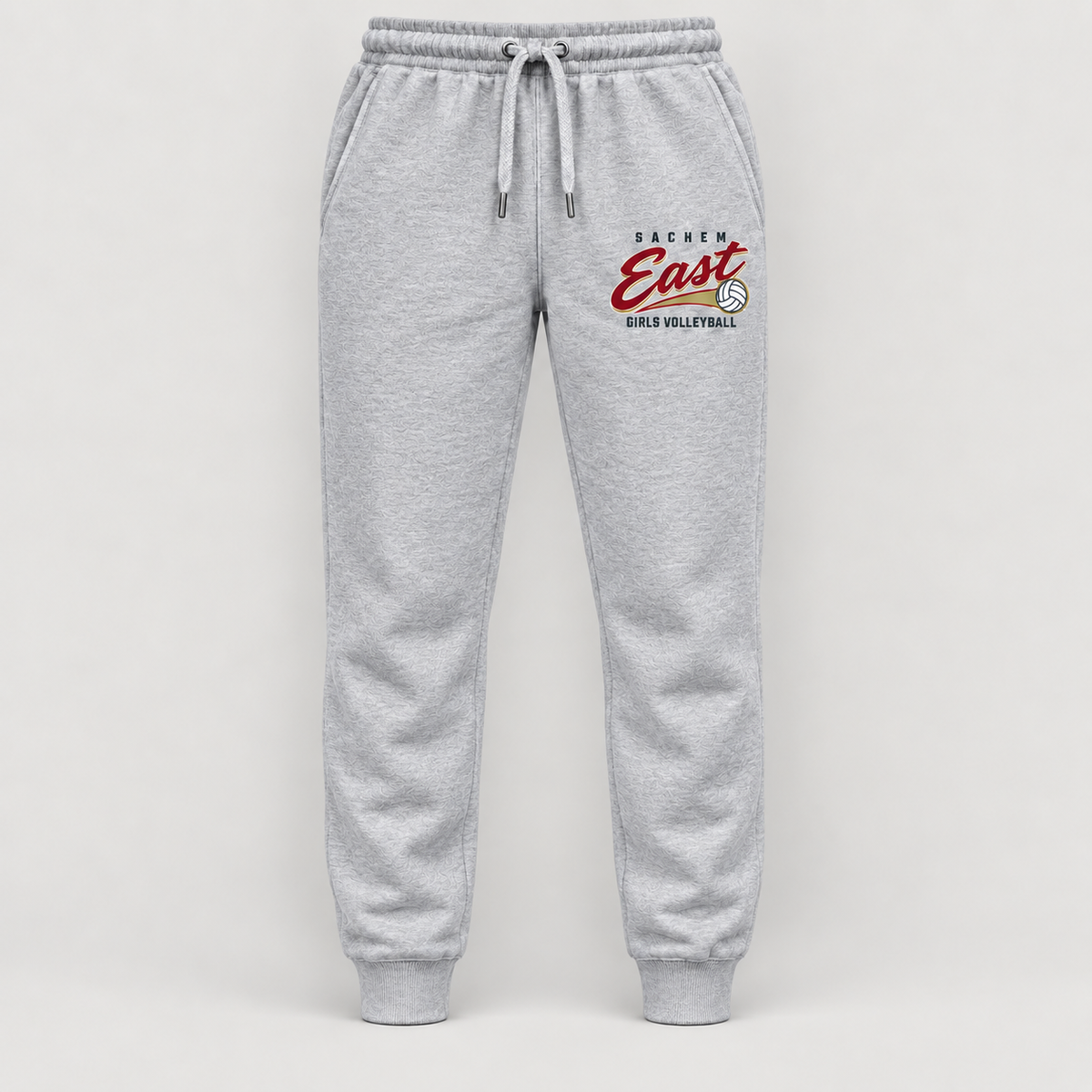Sachem East Girls Volleyball Rally Script Joggers in Heather Gray, front view showing the left-thigh volleyball print