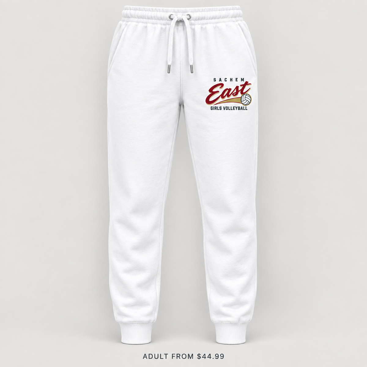 Sachem East Girls Volleyball Rally Script Joggers in White, front view showing the red-and-gold left-thigh print