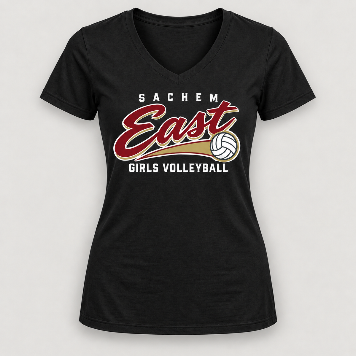 Sachem East Girls Volleyball Rally Script Women's V-Neck Tee in Black, front view showing the center-front volleyball print