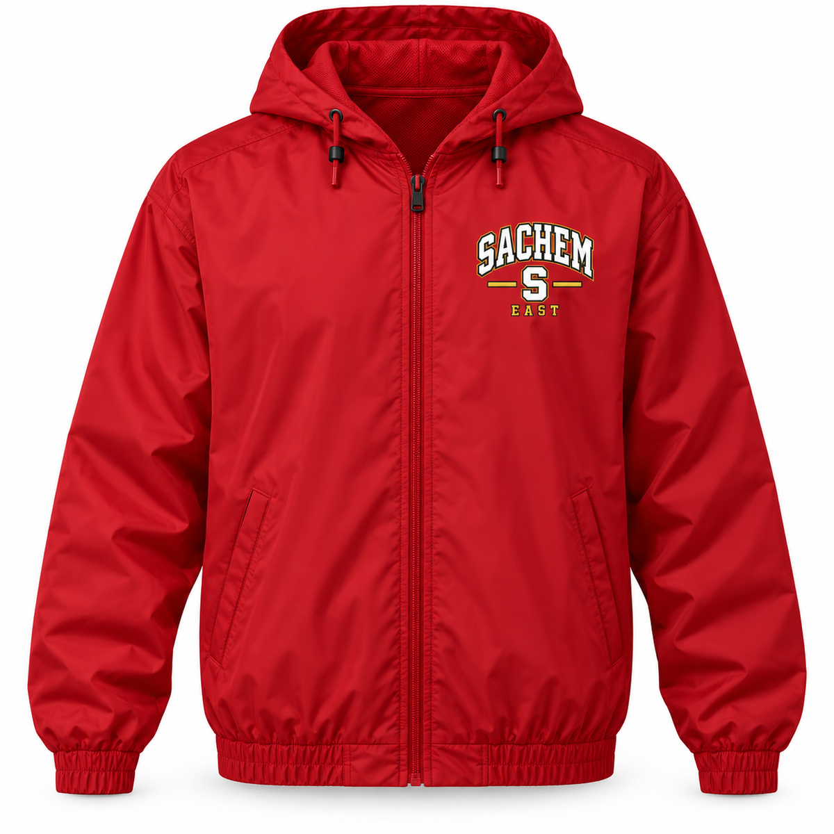 Sachem East Heritage S Full-Zip Windbreaker in Red with collegiate lettering