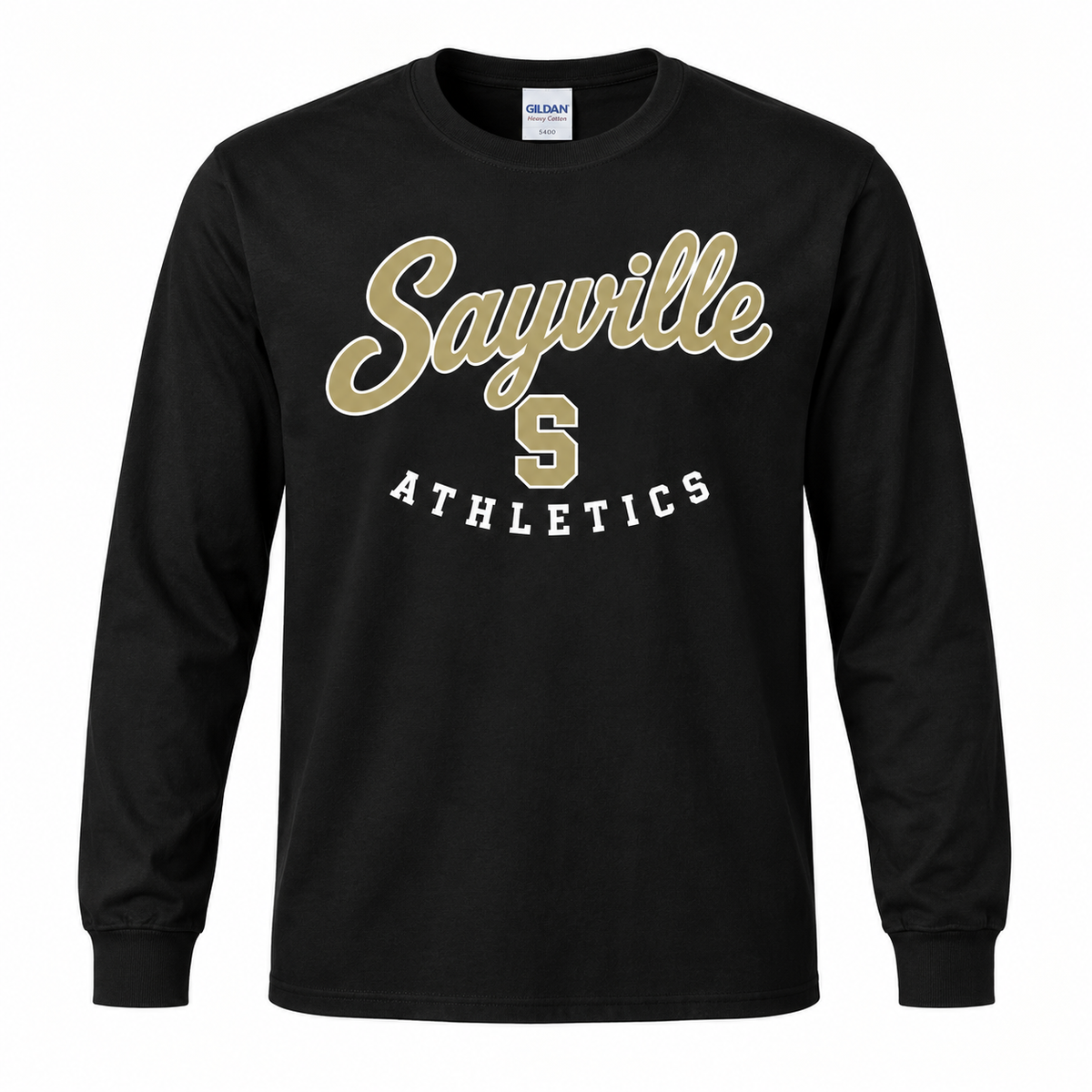 Sayville Heritage Script adult long sleeve in Black, General Spirit artwork