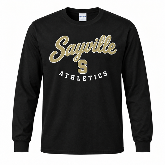Sayville Heritage Script adult long sleeve in Black, General Spirit artwork