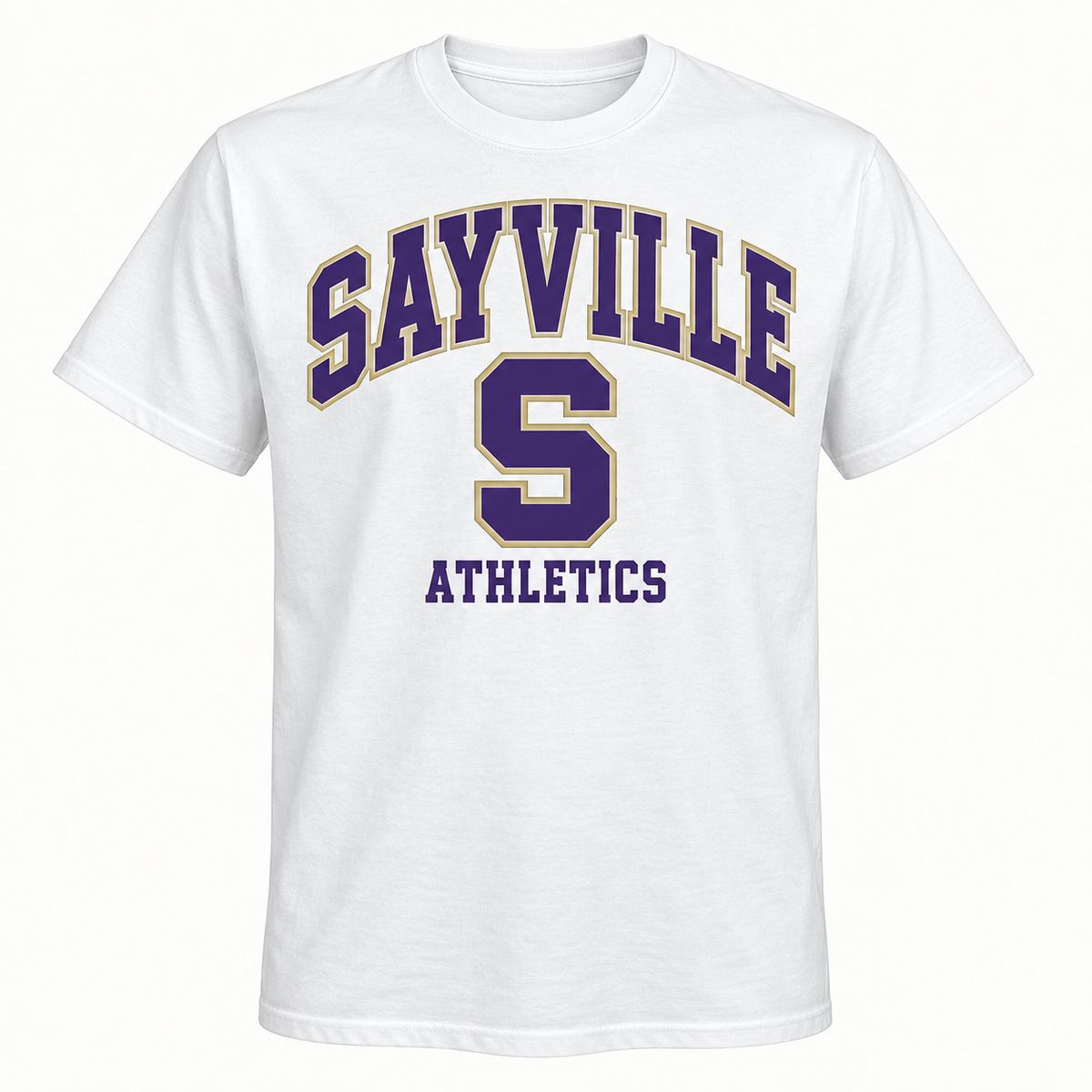 Sayville Varsity S adult tee in White, General Spirit artwork