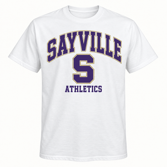 Sayville Varsity S adult tee in White, General Spirit artwork