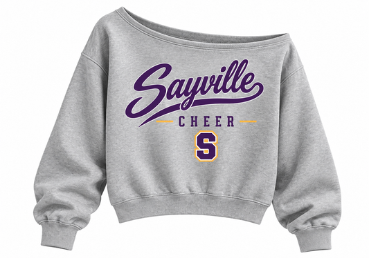 Sayville Cheer Women's Heritage Script Off-Shoulder Crop Sweatshirt in Heather Gray