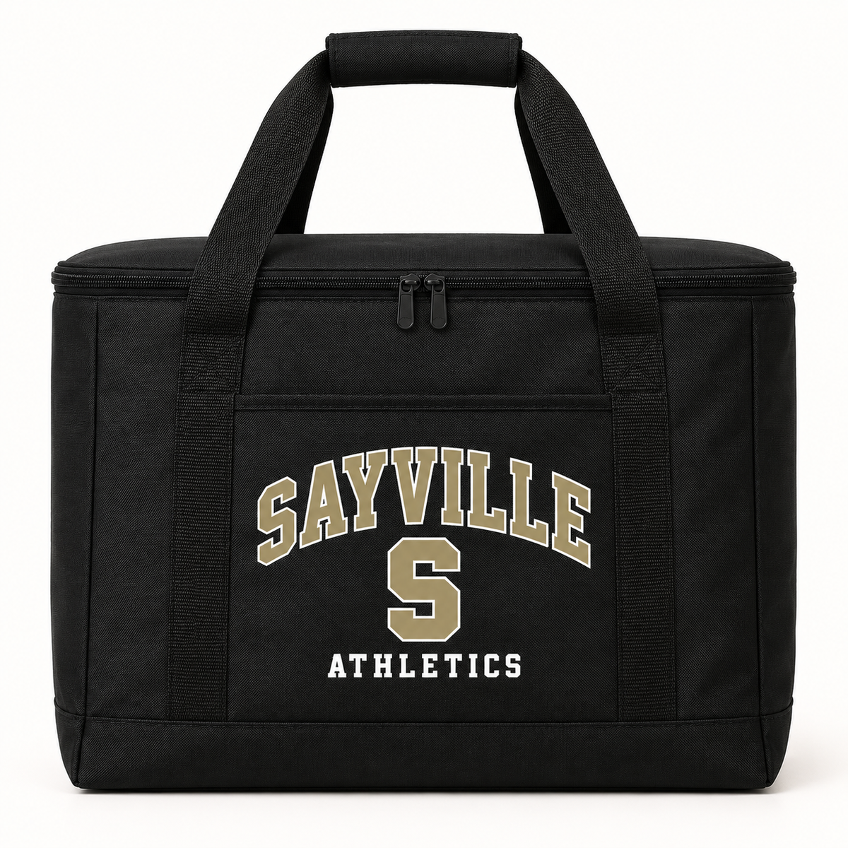 Sayville Varsity S Insulated Cooler Tote in Black; General Spirit artwork