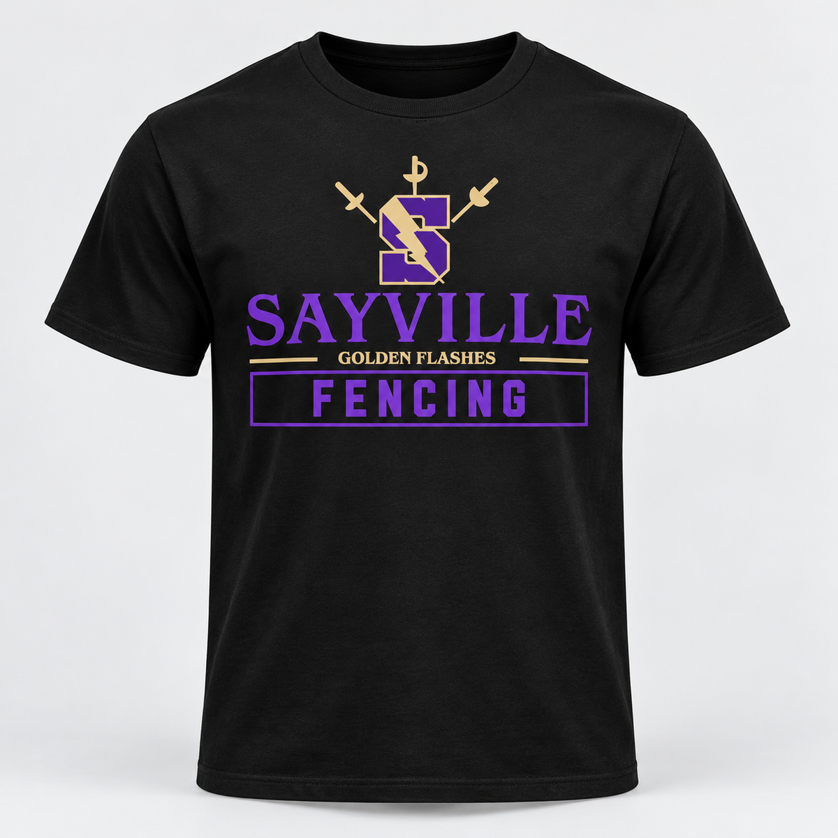 Black Sayville Fencing Cotton T-Shirt front design