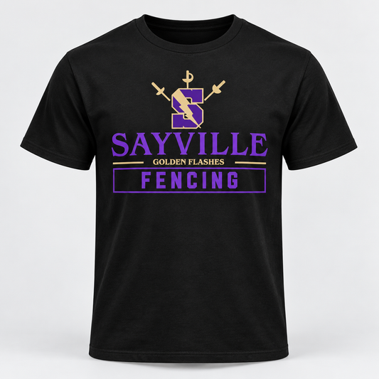 Black Sayville Fencing Cotton T-Shirt front design