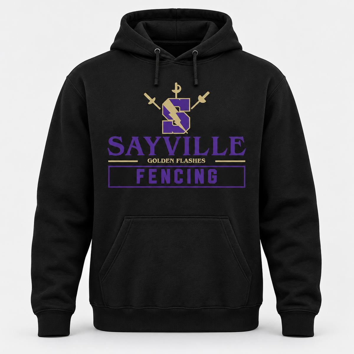Black Sayville Fencing Pullover Hoodie front design