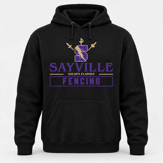 Black Sayville Fencing Pullover Hoodie front design