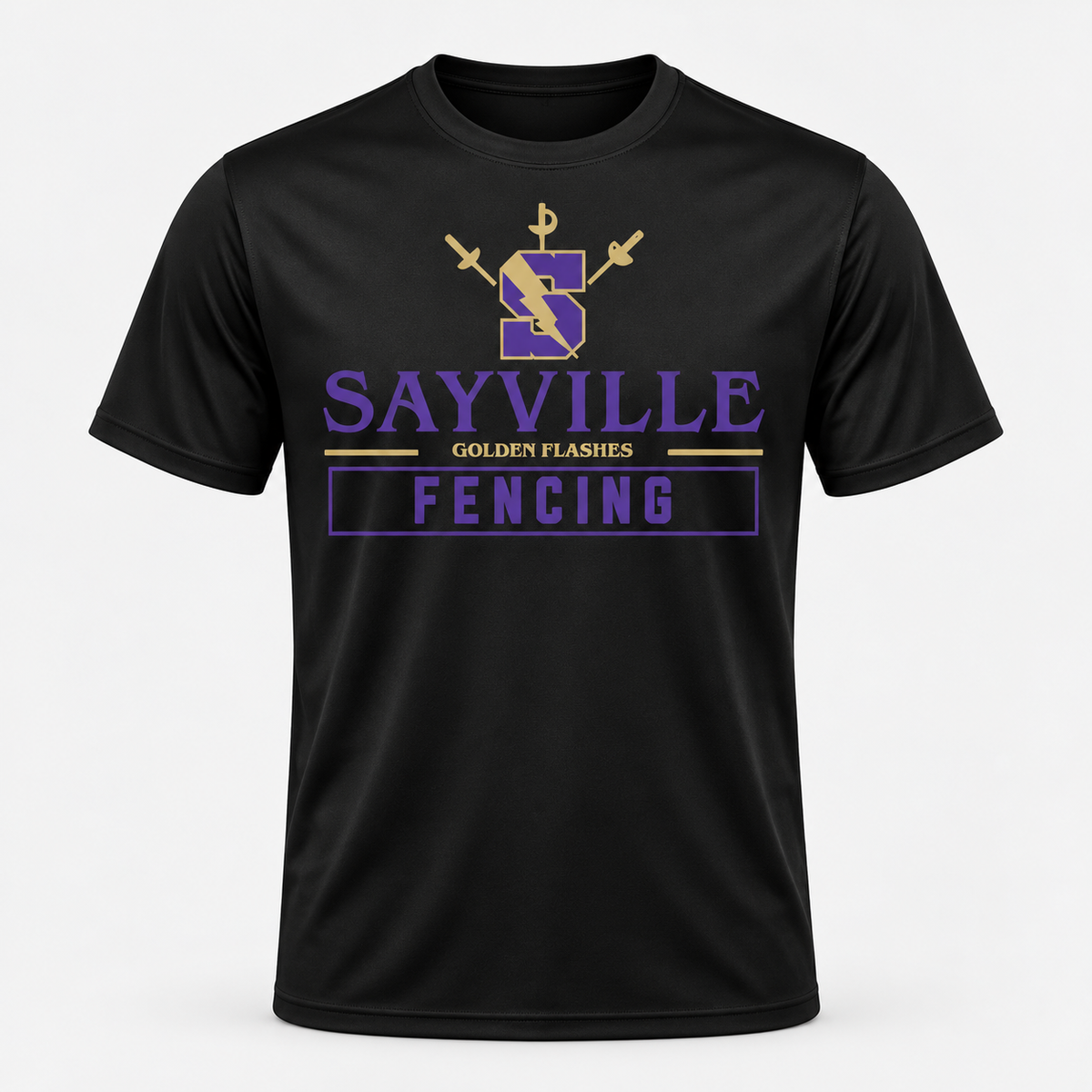 Black Sayville Fencing Performance T-Shirt front design