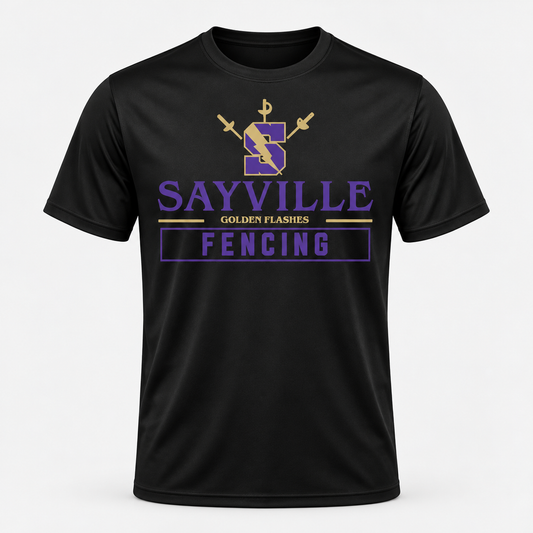 Black Sayville Fencing Performance T-Shirt front design