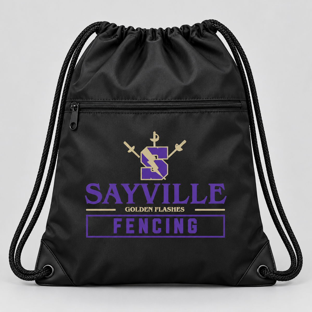 Black Sayville Fencing Zip-Pocket Drawstring Bag