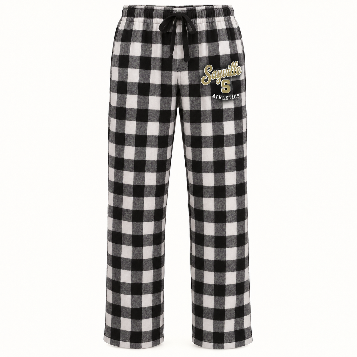 Sayville Heritage Script Flannel Pajama Pants in Black/White Buffalo Check; General Spirit artwork