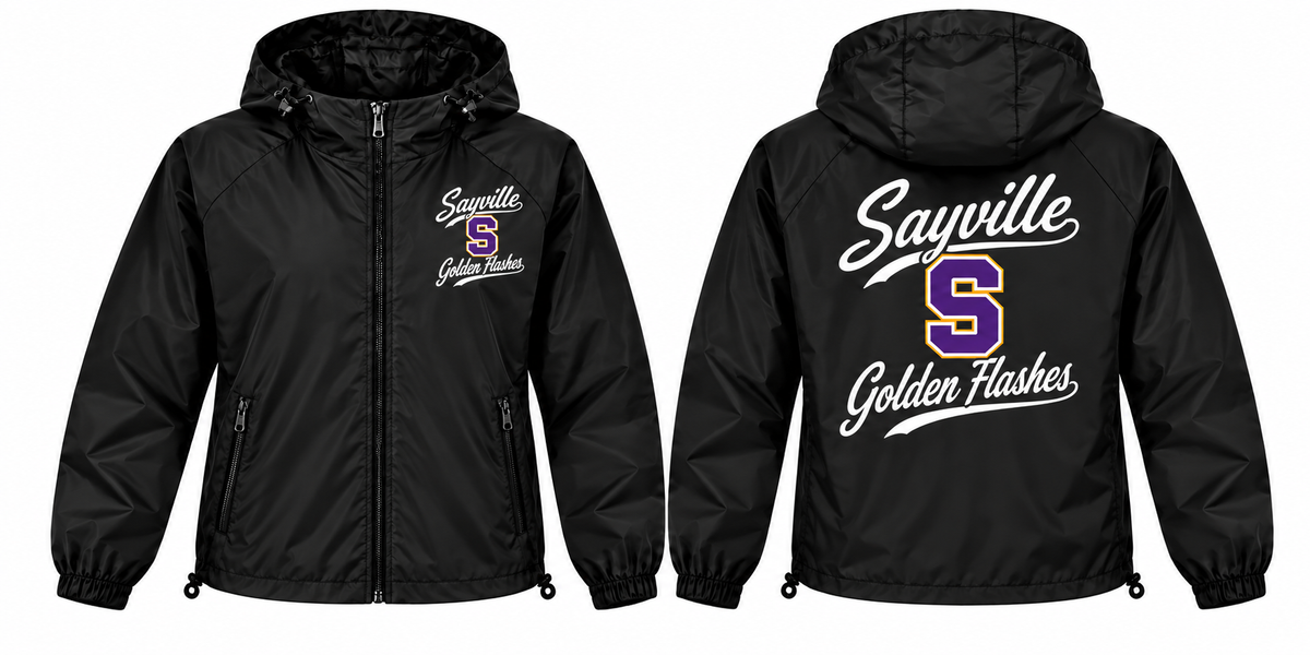 Sayville Golden Flashes black full-zip windbreaker front and back