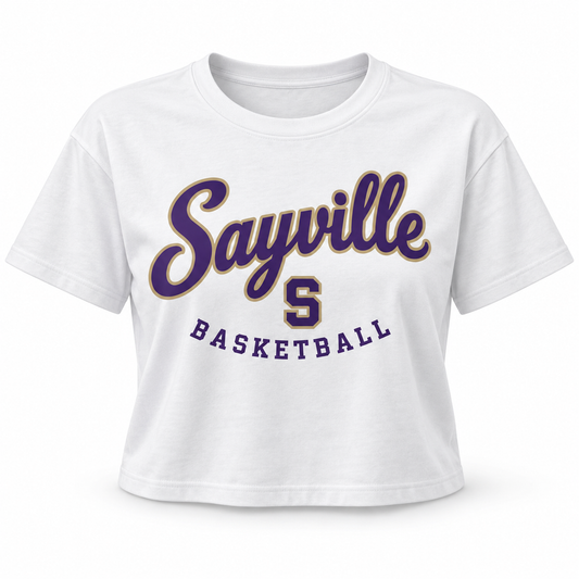 Sayville Girls Basketball Women's Heritage Script Crop T-Shirt in White