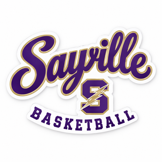Sayville Girls Basketball Heritage Script Die-Cut Decal in Purple / Gold