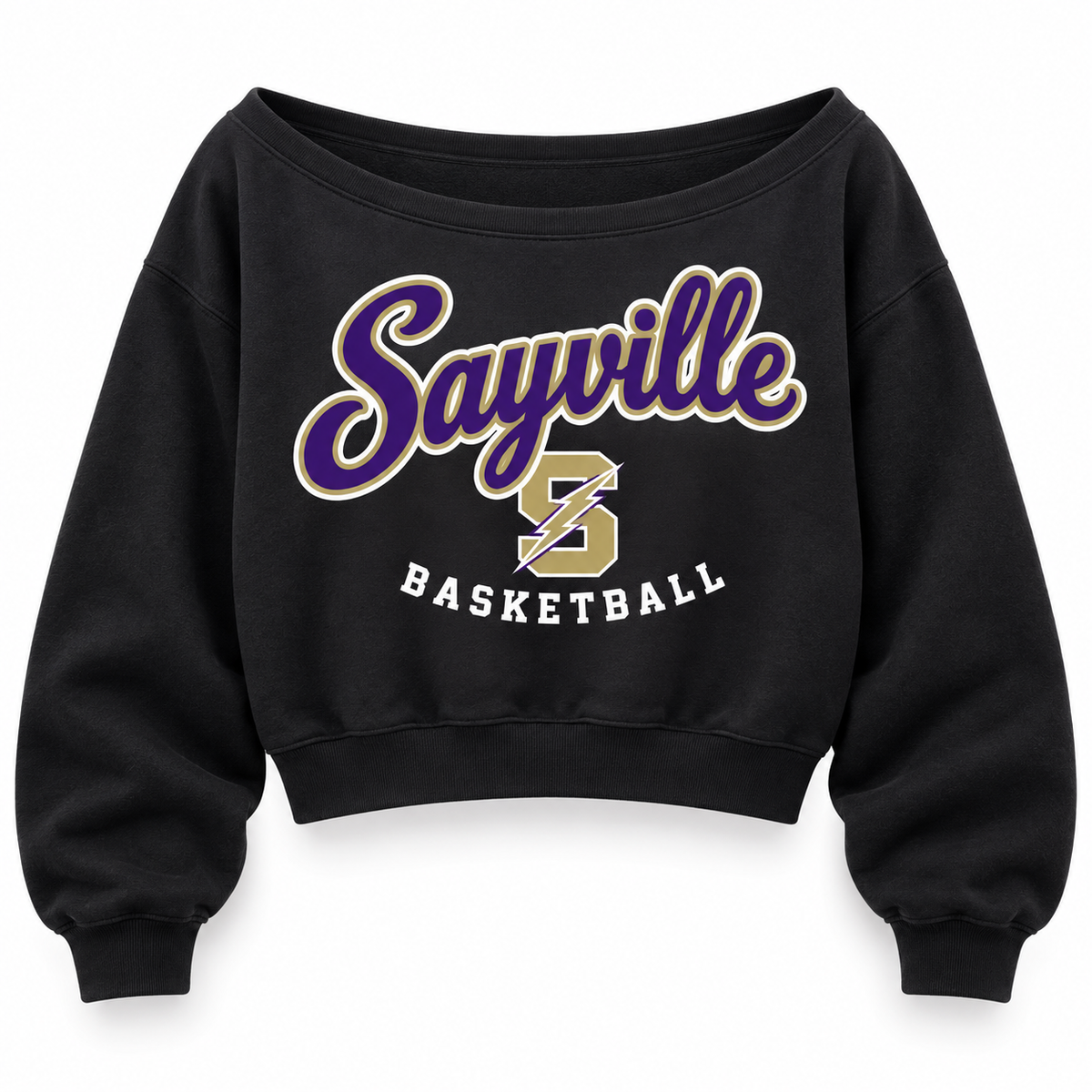 Sayville Girls Basketball Women's Heritage Script Off-Shoulder Crop Sweatshirt in Black