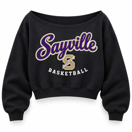 Sayville Girls Basketball Women's Heritage Script Off-Shoulder Crop Sweatshirt in Black