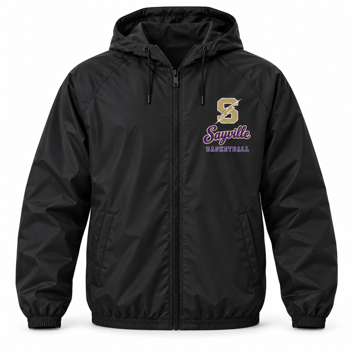 Sayville Girls Basketball Lightning S Hooded Windbreaker in Black