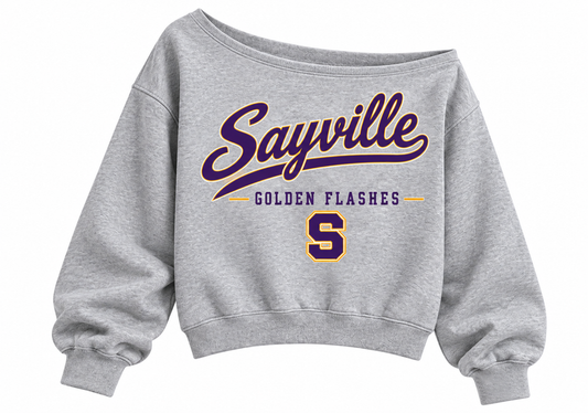 Sayville Golden Flashes Women's Heritage Script Off-Shoulder Crop Sweatshirt in Heather Gray