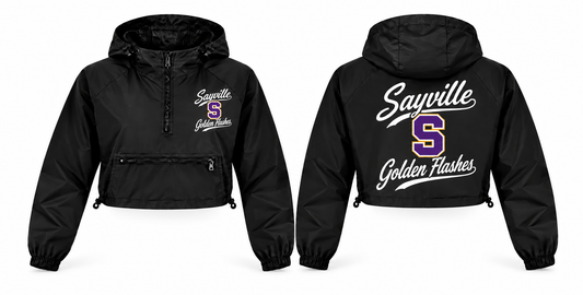 Sayville Golden Flashes Women's Script Crop Windbreaker - Front & Back in black