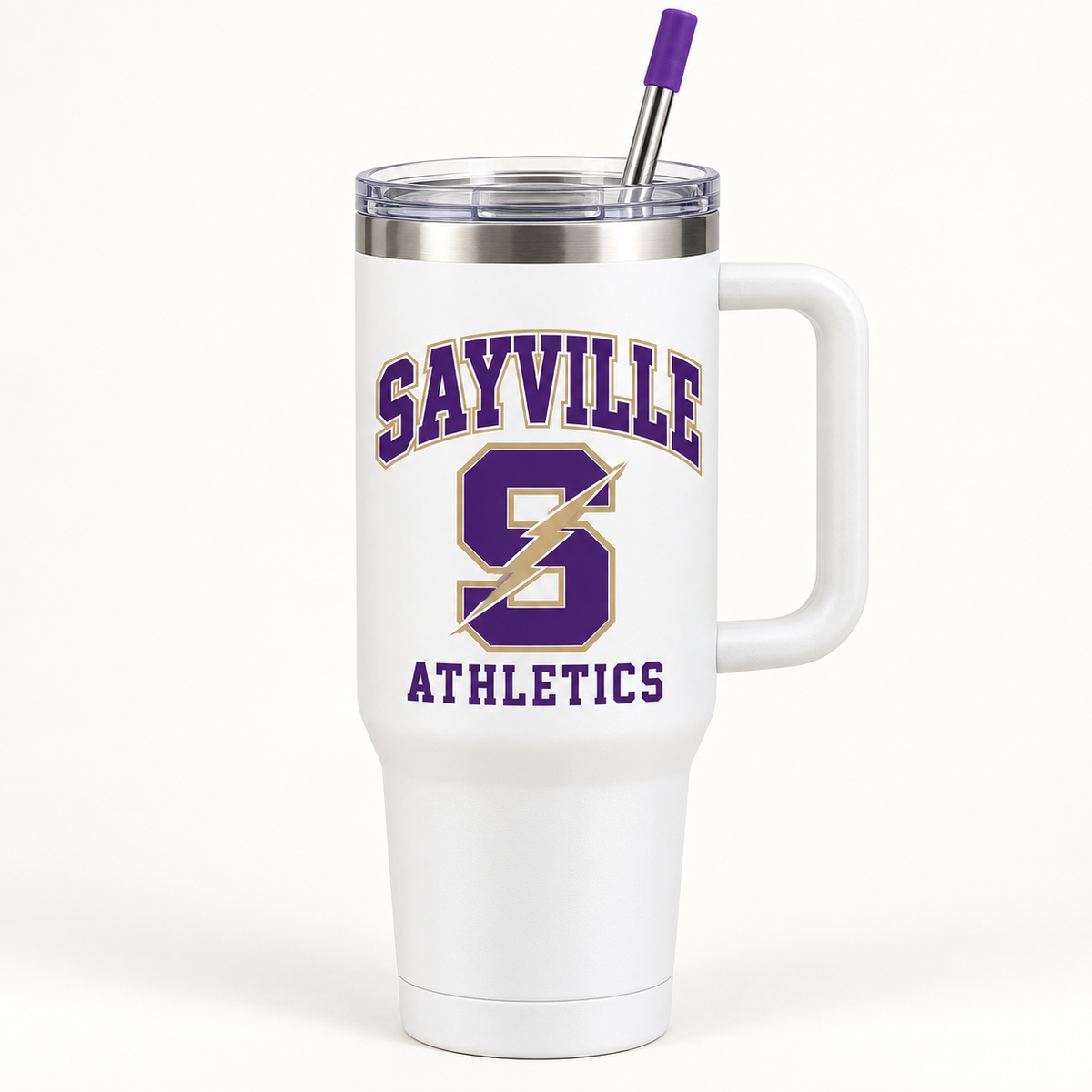 Sayville Lightning S 40 oz Handled Tumbler in White; General Spirit artwork
