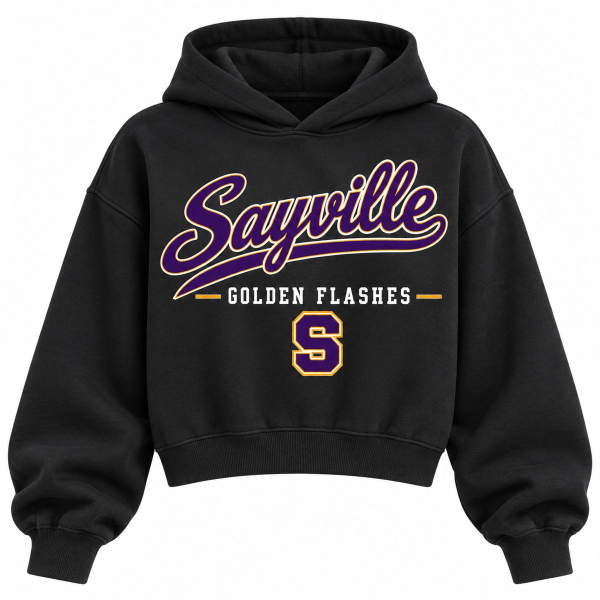 Sayville Golden Flashes black cropped hoodie with heritage school script and varsity monogram on front