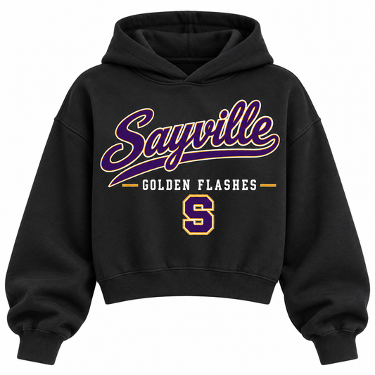 Sayville Golden Flashes black cropped hoodie with heritage school script and varsity monogram on front