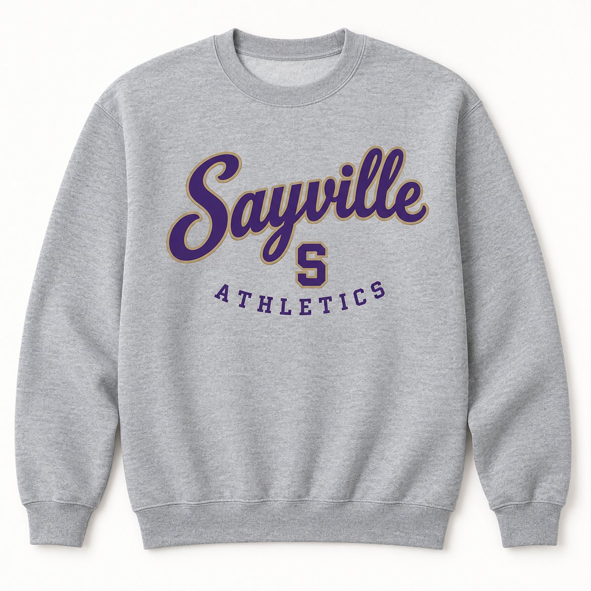 Sayville script crewneck in official purple and muted gold