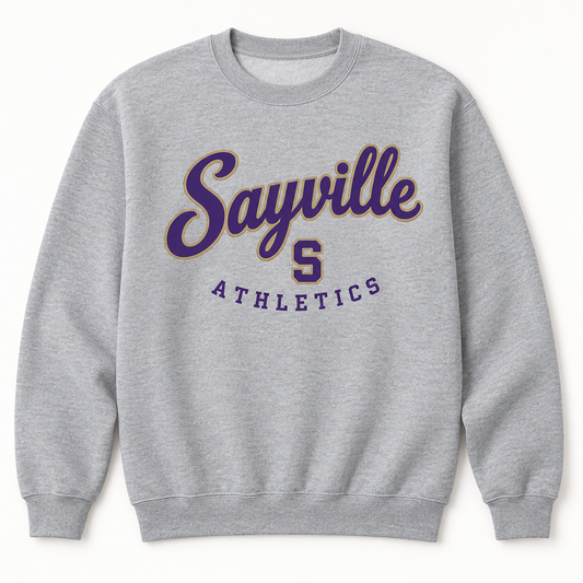 Sayville script crewneck in official purple and muted gold