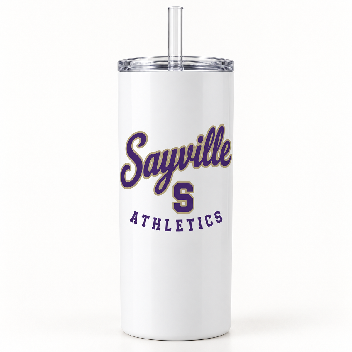 Sayville Heritage Script 20 oz Skinny Tumbler in White; General Spirit artwork