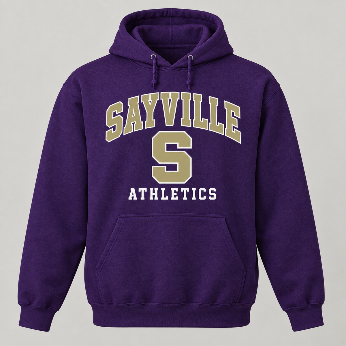 Sayville varsity hoodie in official purple and muted gold