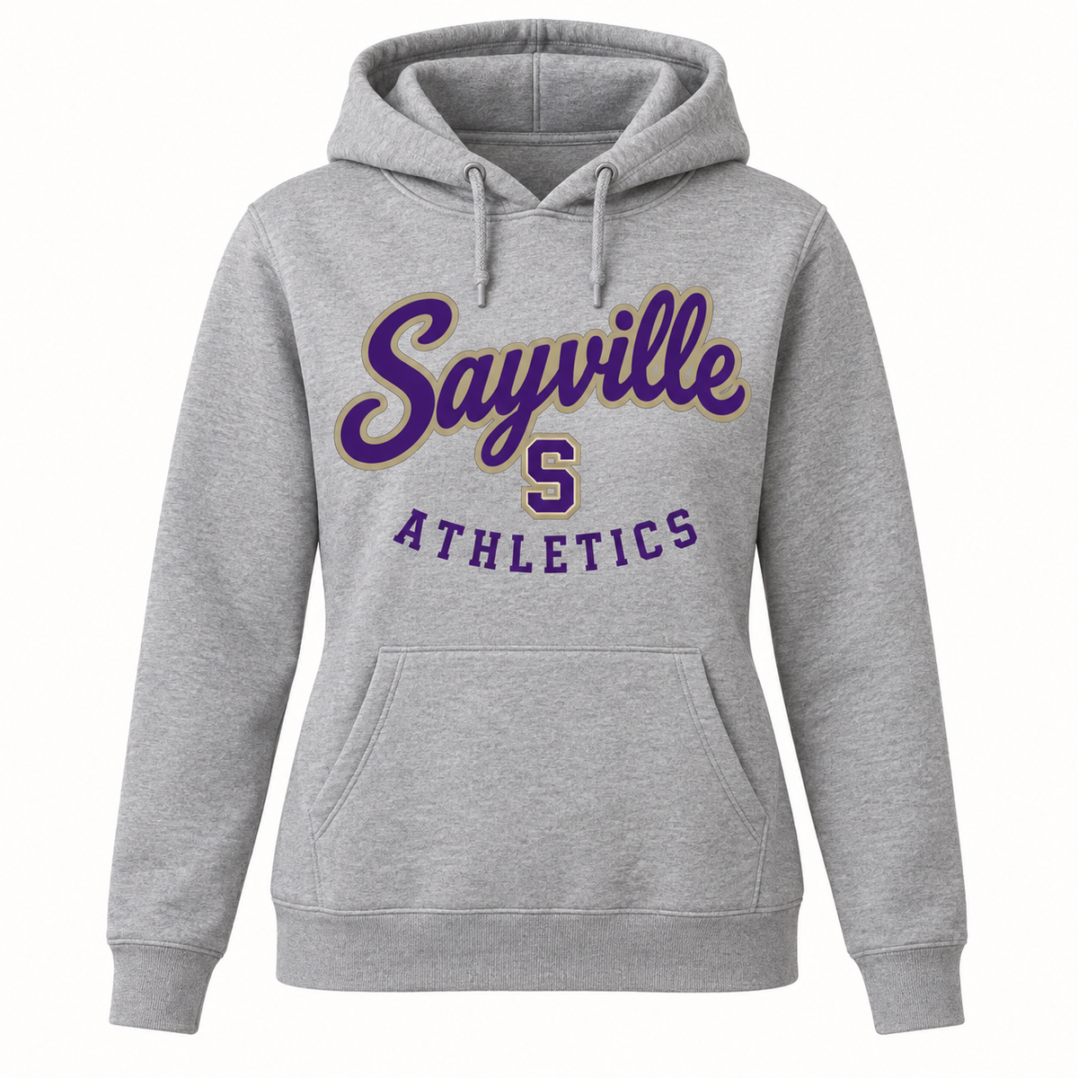 Sayville Heritage Script Women's Pullover Hoodie in Athletic Heather; General Spirit artwork