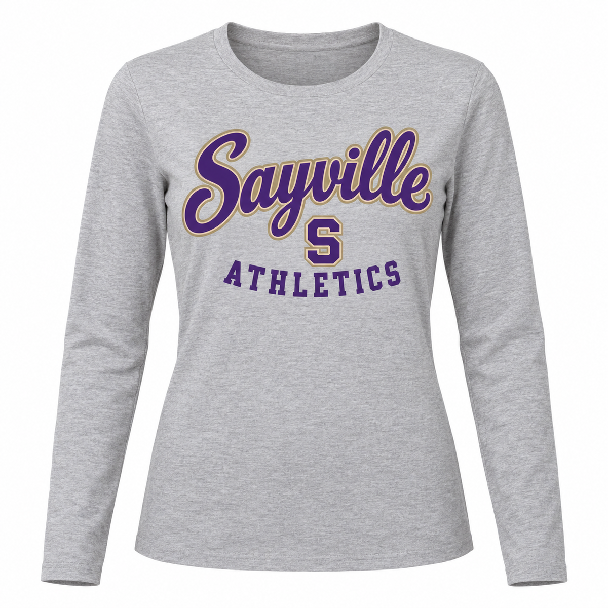Sayville Heritage Script Women's Long Sleeve T-Shirt in Athletic Heather; General Spirit artwork