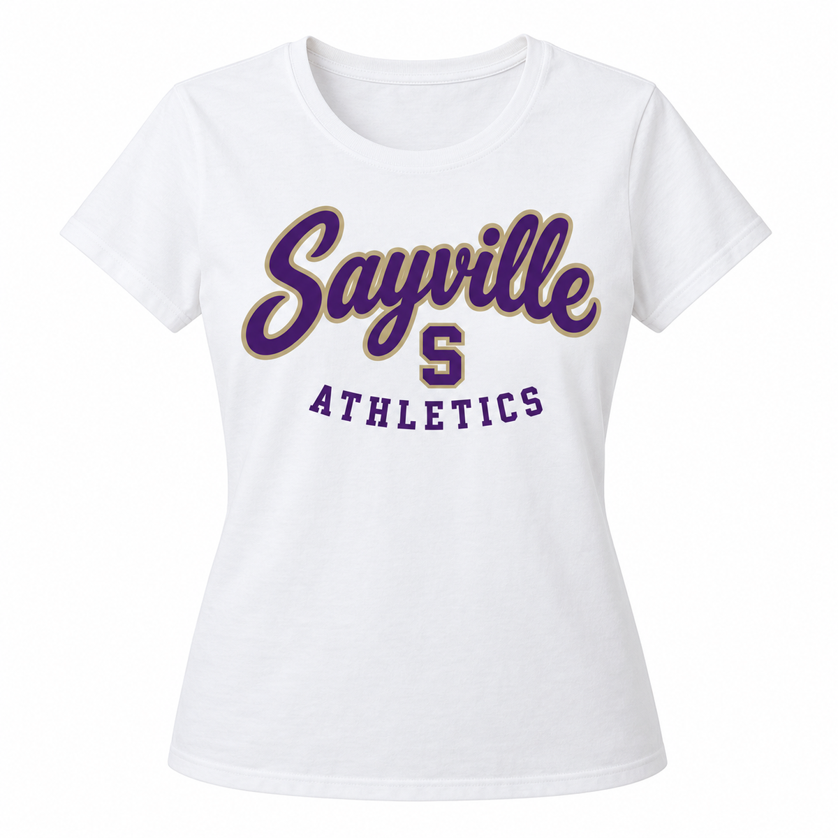 Sayville Heritage Script Women's T-Shirt in White; General Spirit artwork