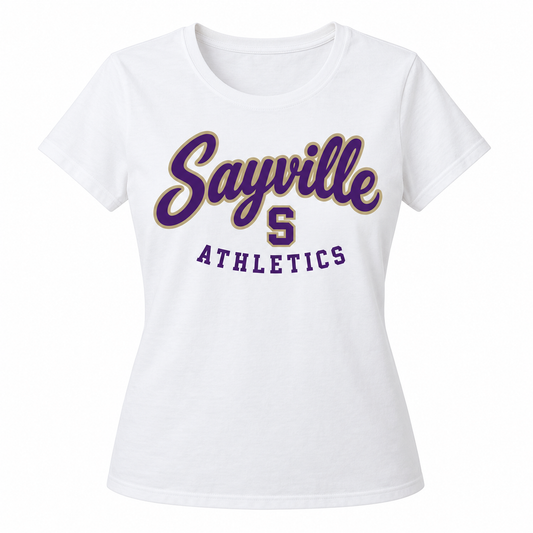 Sayville Heritage Script Women's T-Shirt in White; General Spirit artwork