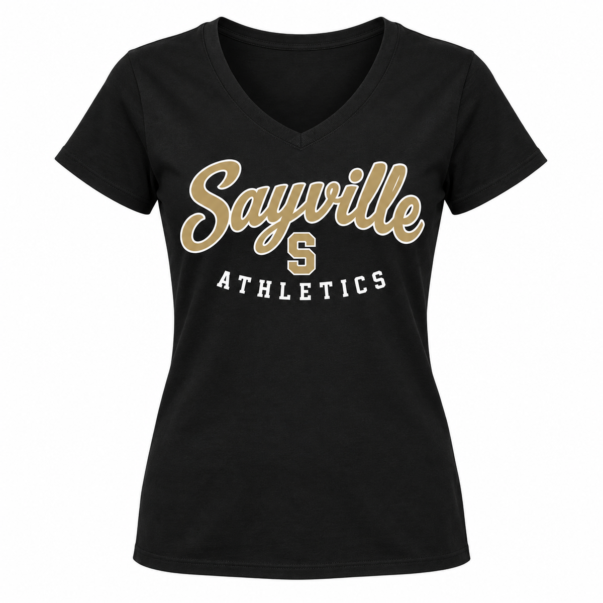 Sayville Heritage Script Women's V-Neck T-Shirt in Black; General Spirit artwork