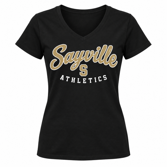 Sayville Heritage Script Women's V-Neck T-Shirt in Black; General Spirit artwork