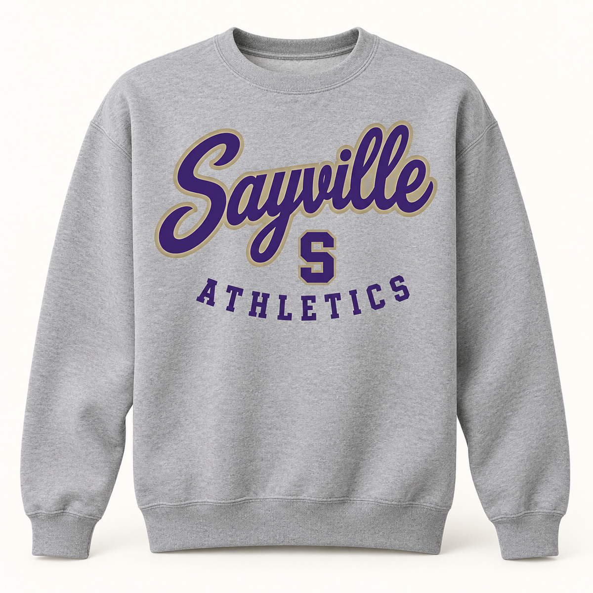 Sayville Heritage Script youth crewneck; Sport Grey shown; select sport for lower print line
