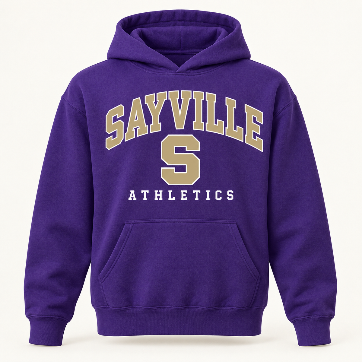 Sayville Varsity S youth hoodie; Purple shown; select sport for lower print line