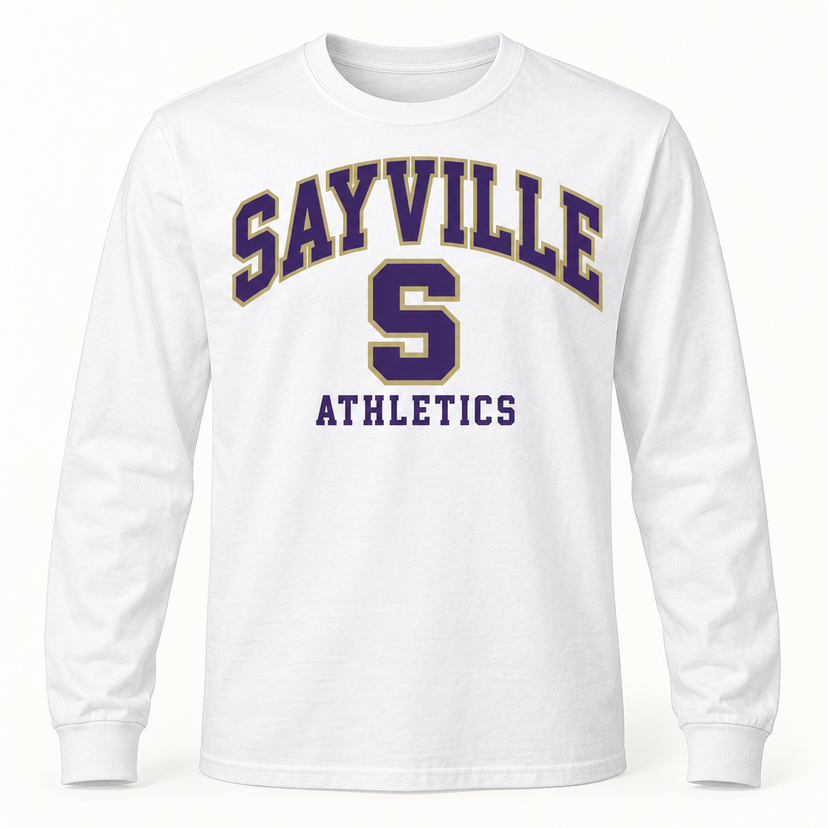 Sayville Varsity S youth long sleeve; White shown; select sport for lower print line