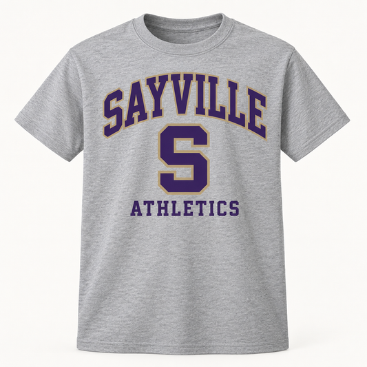 Sayville Varsity S youth tee; Sport Grey shown; select sport for lower print line