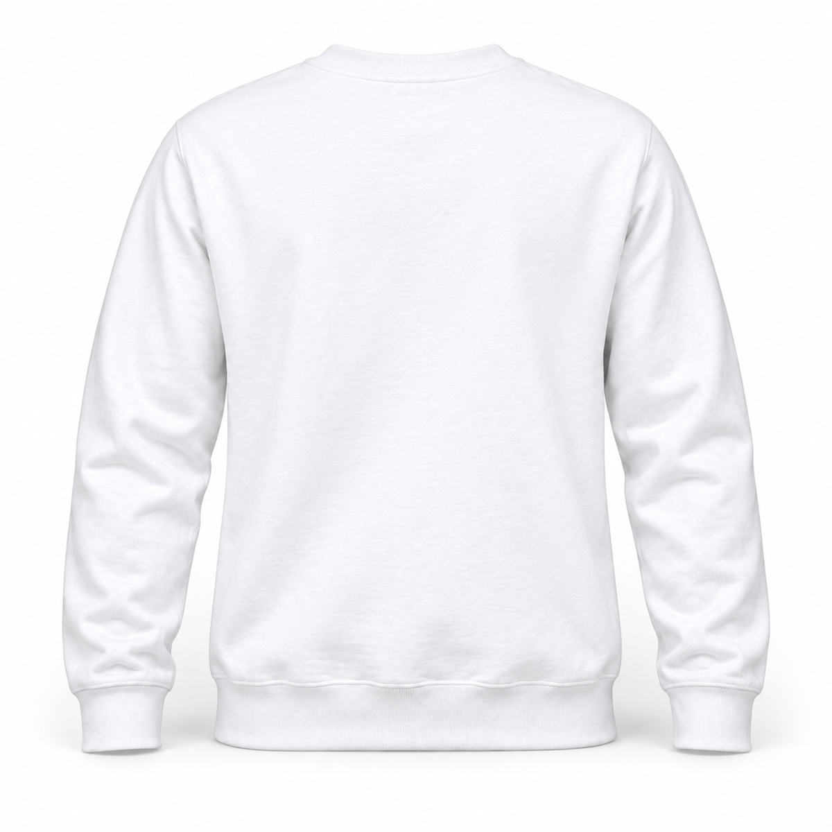 Plain white crewneck sweatshirt back with ribbed collar, cuffs and bottom hem; no back print